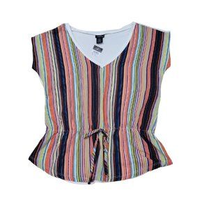 Rue 21 NEW Women's L Multicolor Striped Dolman Short Sleeve V Neck Peplum Blouse
